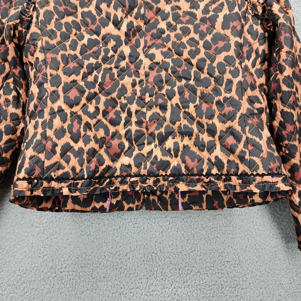 J.Crew Re-Imagined Quilted‎ Leopard Print Ruffle Trim Jacket Size 6 Animal Print